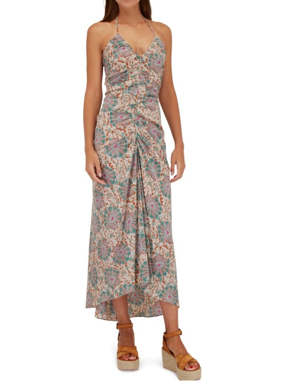 Veronica Beard Aldana Silk Floral Halter Midi Dress in Teal and Pink. Size 4